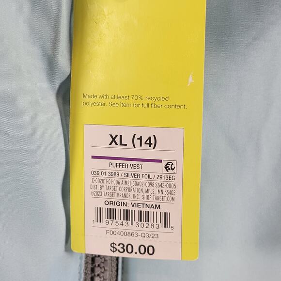 All In Motion Kids Puffer Vest, Reversible, Blue/Silver, Size XL, NWT - Picture 3 of 6